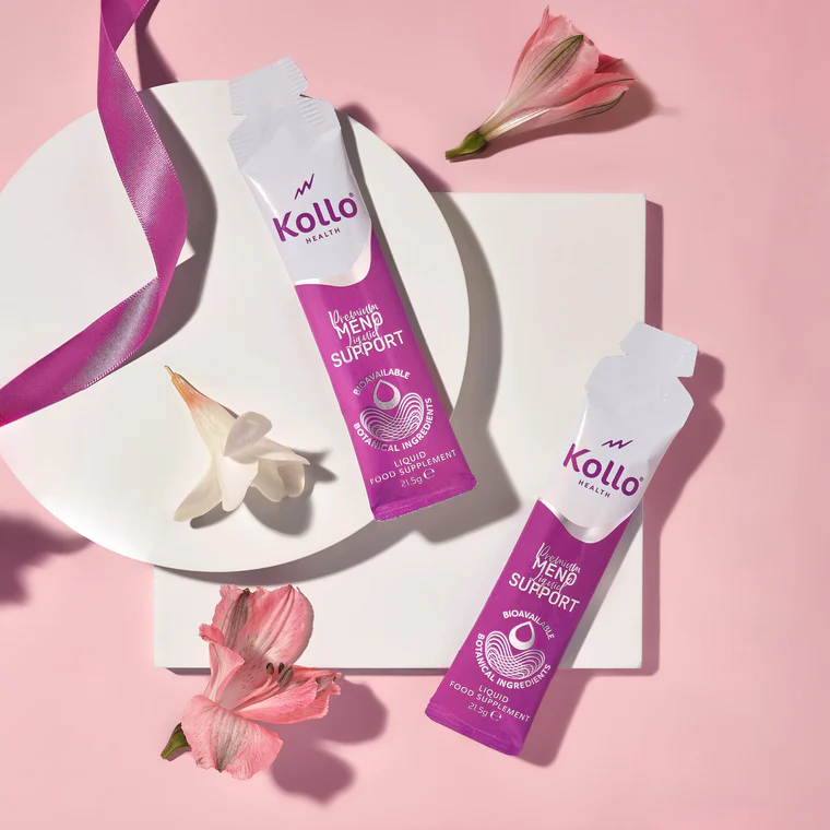 Two Kollo Meno Support sachets with flowers and ribbon.